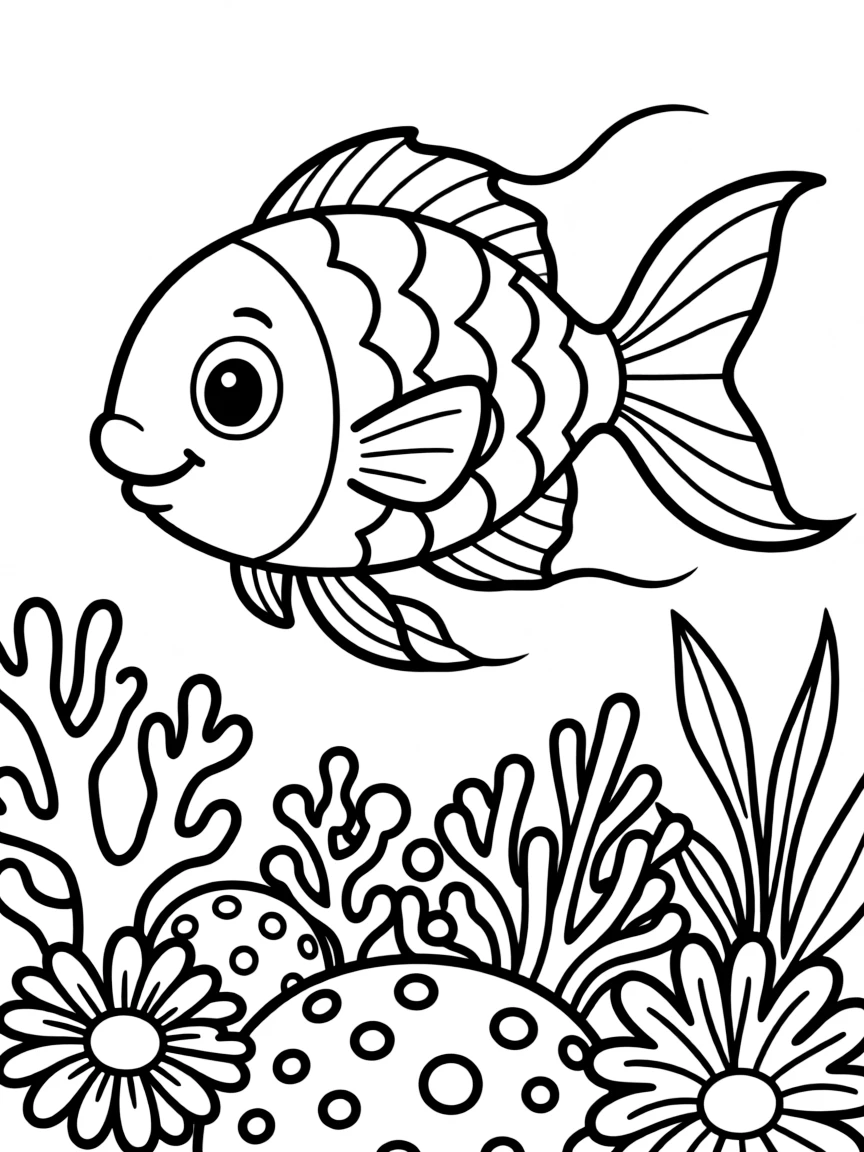 cartoon rainbow fish swimming through coral flower reef coloring page