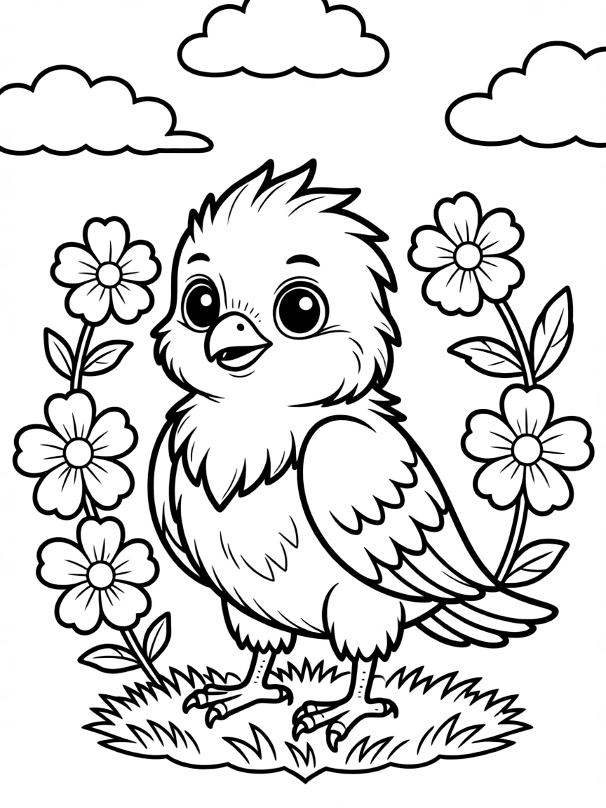 baby thunder bird with flowers that bloom during storms coloring page