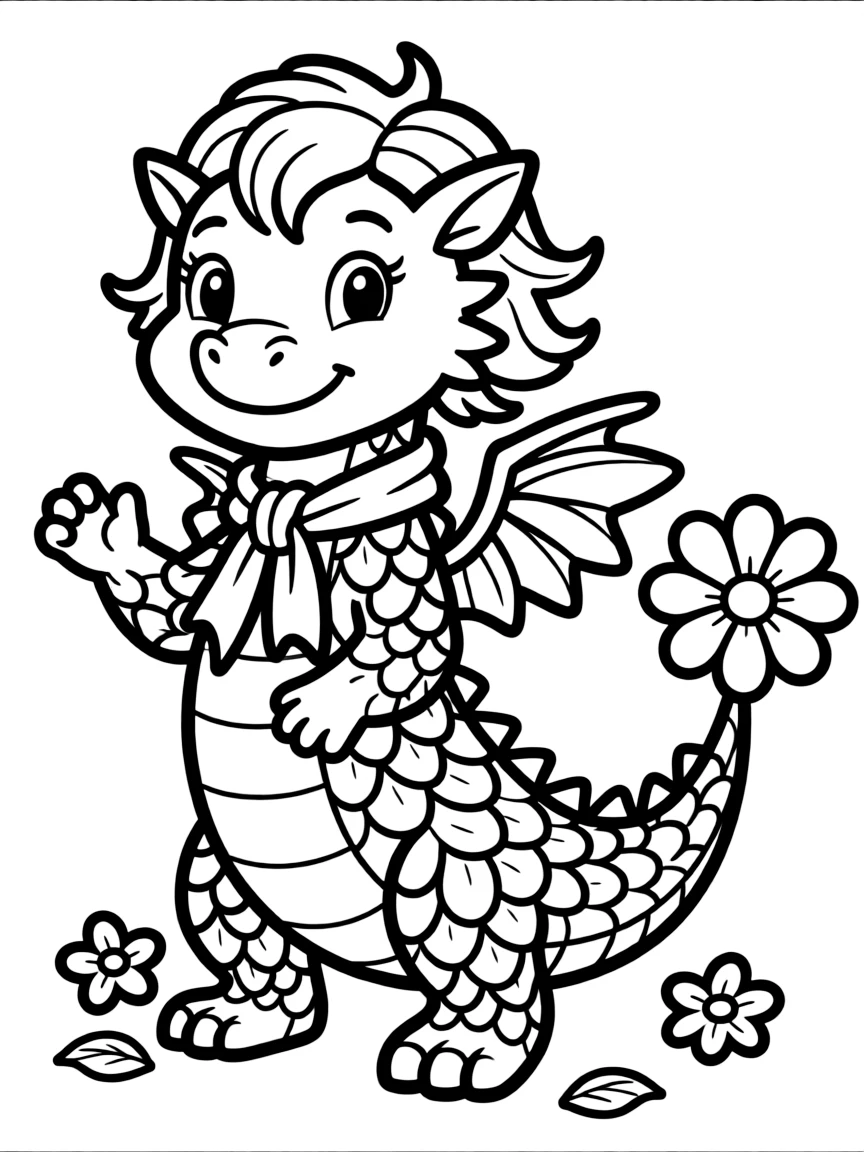 playful flower dragon with petals instead of scales coloring page