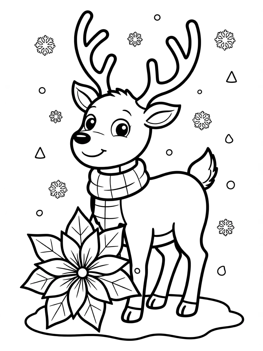 adorable cartoon reindeer with Christmas poinsettia coloring page