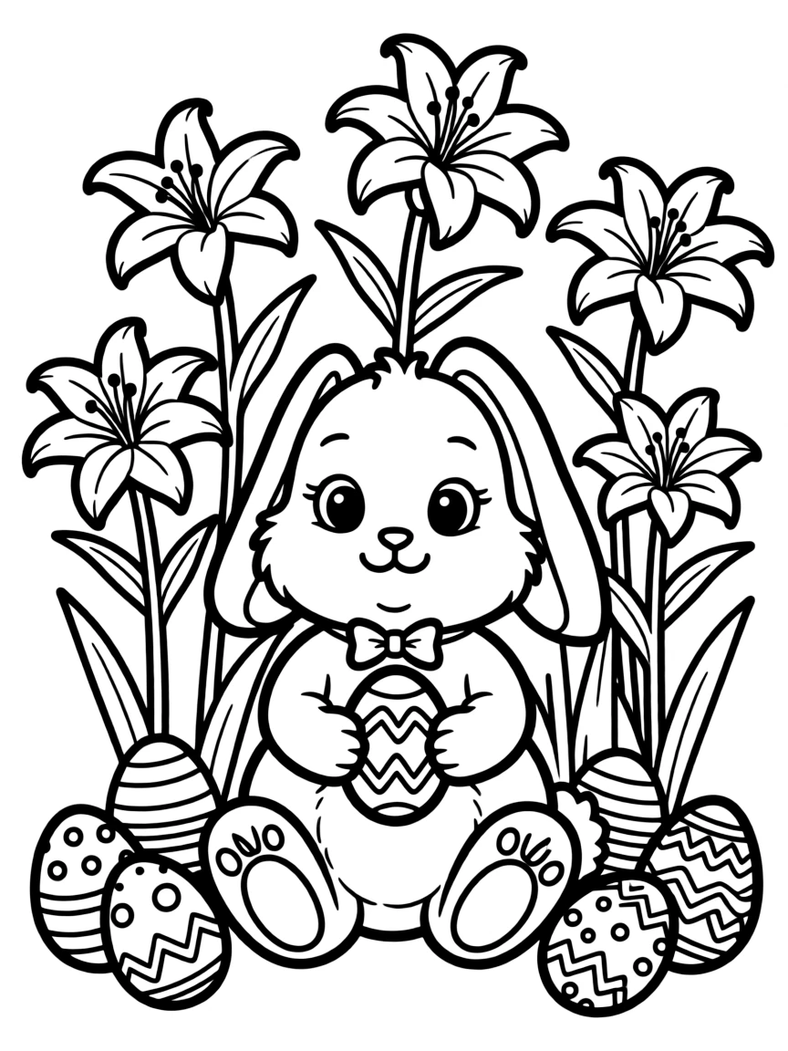 cute bunny with Easter lilies and decorated eggs coloring page