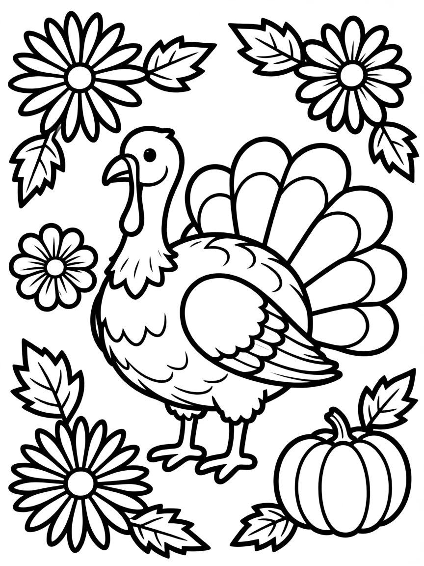 fluffy turkey with autumn mums and pumpkin flowers coloring page