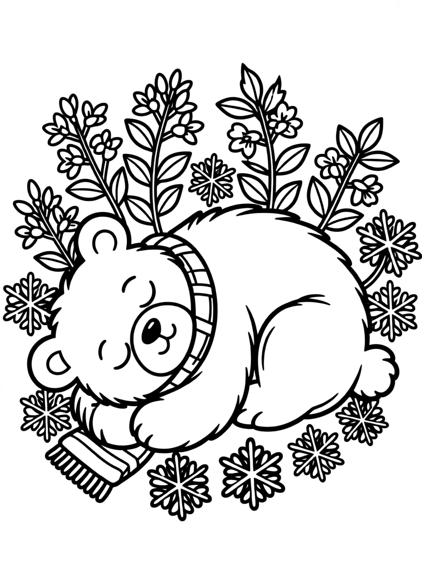 sleepy bear with winter jasmine and snow flowers coloring page