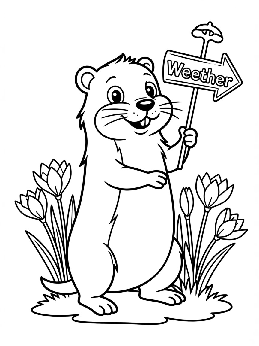 playful groundhog with spring crocuses predicting weather coloring page
