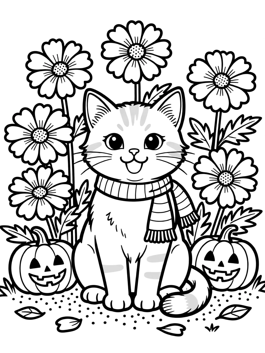 adorable cat with Halloween marigolds and jack-o'-lantern flowers coloring page