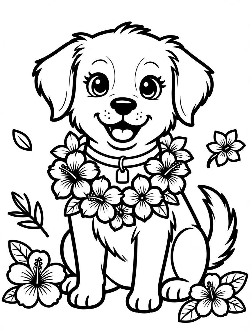 cute dog wearing Lei with tropical vacation flowers coloring page
