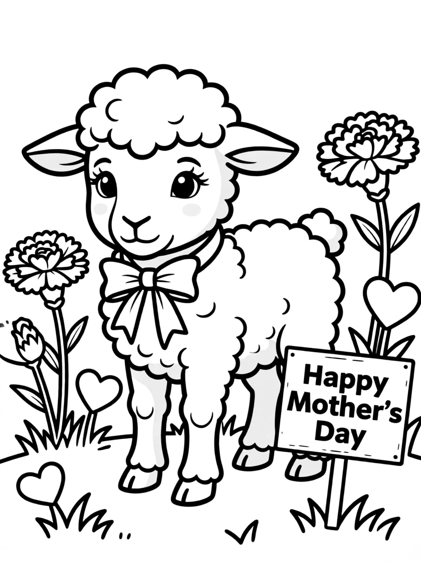 fluffy lamb with Mother's Day carnations and heart flowers coloring page