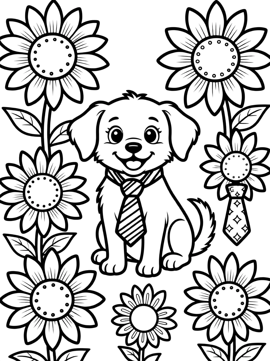 cartoon puppy with Father's Day sunflowers and tie-shaped blooms coloring page