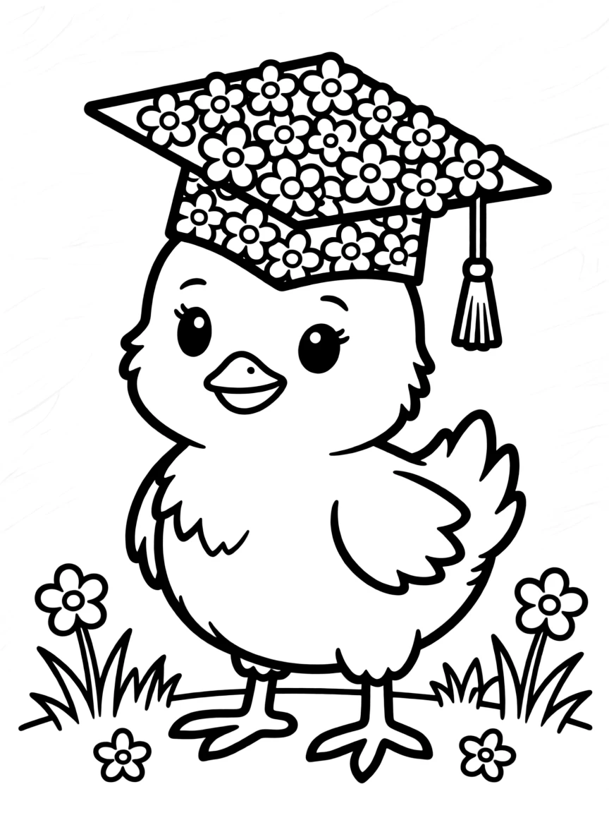 baby chick with graduation cap made of tiny flowers coloring page