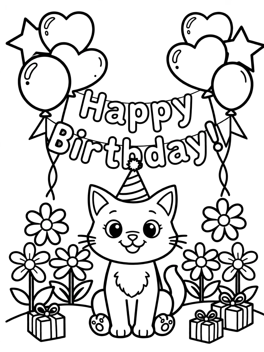adorable kitten with birthday party flowers and balloon blooms coloring page