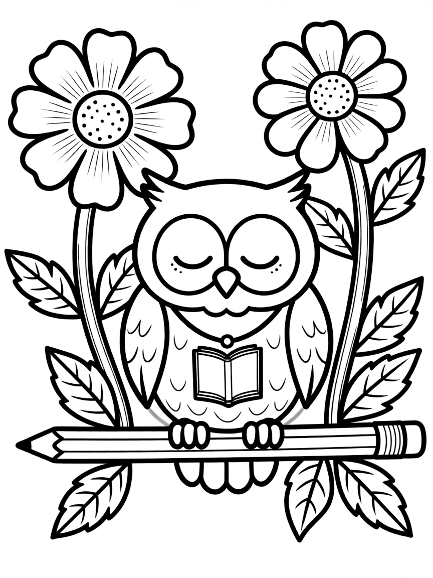 sleepy owl with back-to-school flowers and pencil stems coloring page