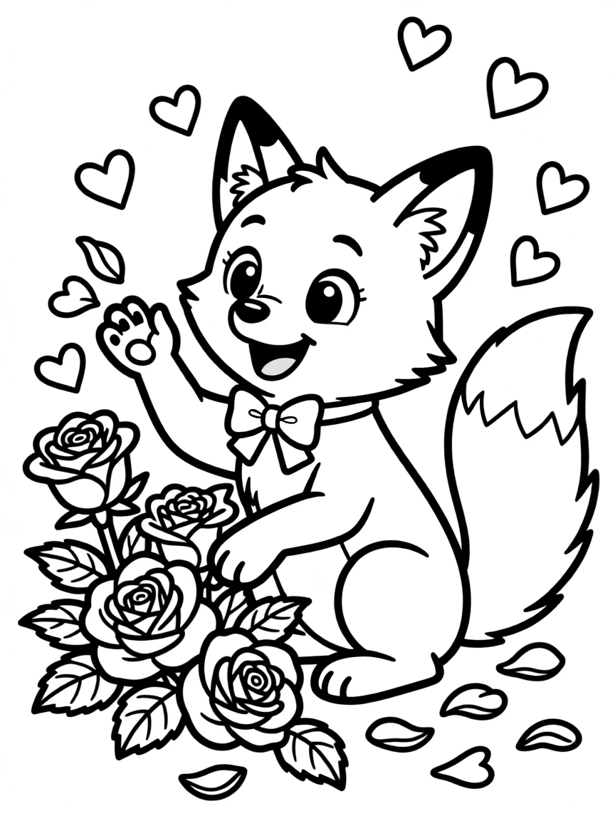 playful fox with Valentine's Day roses and heart petals coloring page