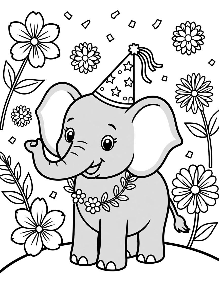 cute elephant with New Year's party flowers and confetti blooms coloring page