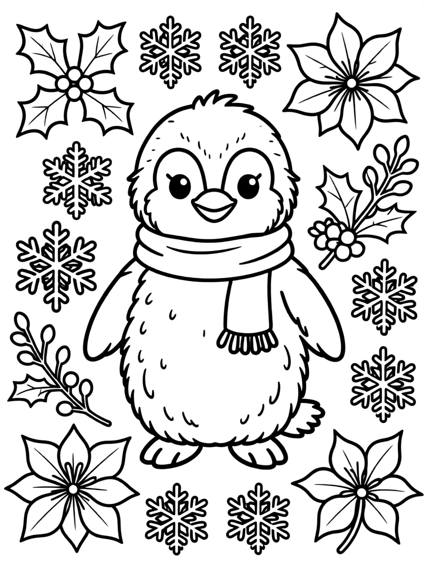 fluffy penguin with winter solstice flowers and snow crystals coloring page