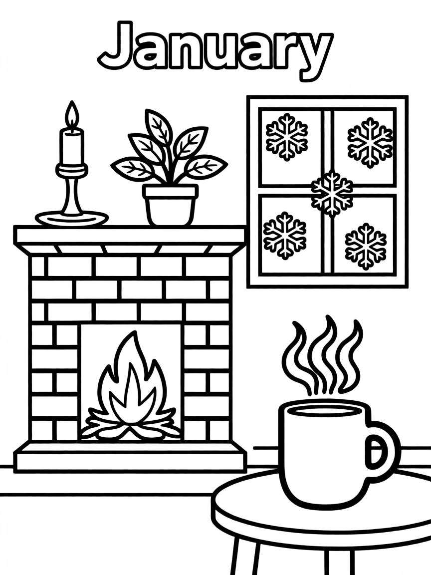 Playful coloring page with a cozy fireplace, a warm mug, and snowflakes falling outside a window. Title "January" on the top.