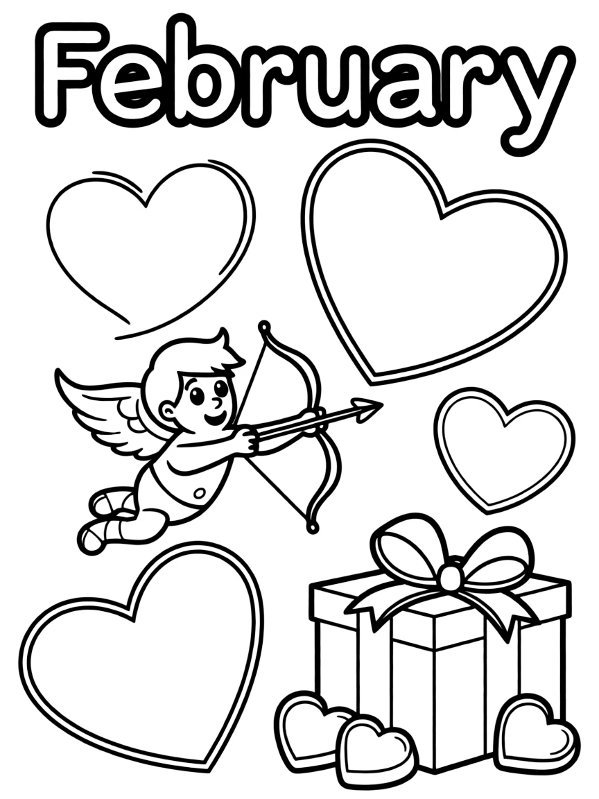 Playful coloring page with hearts, cupid's arrow, and a box of chocolates. Title "February" on the top.