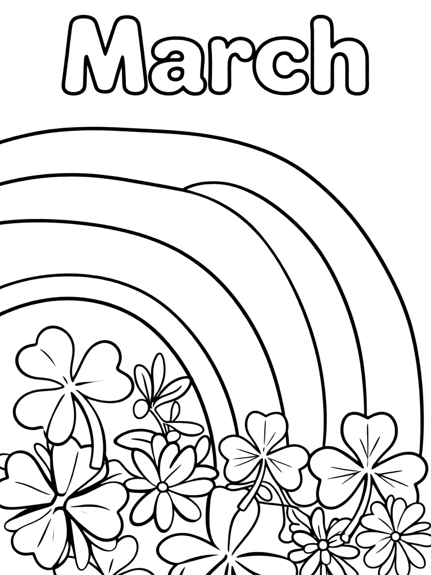 Playful coloring page with shamrocks, budding flowers, and a rainbow. Title "March" on the top.