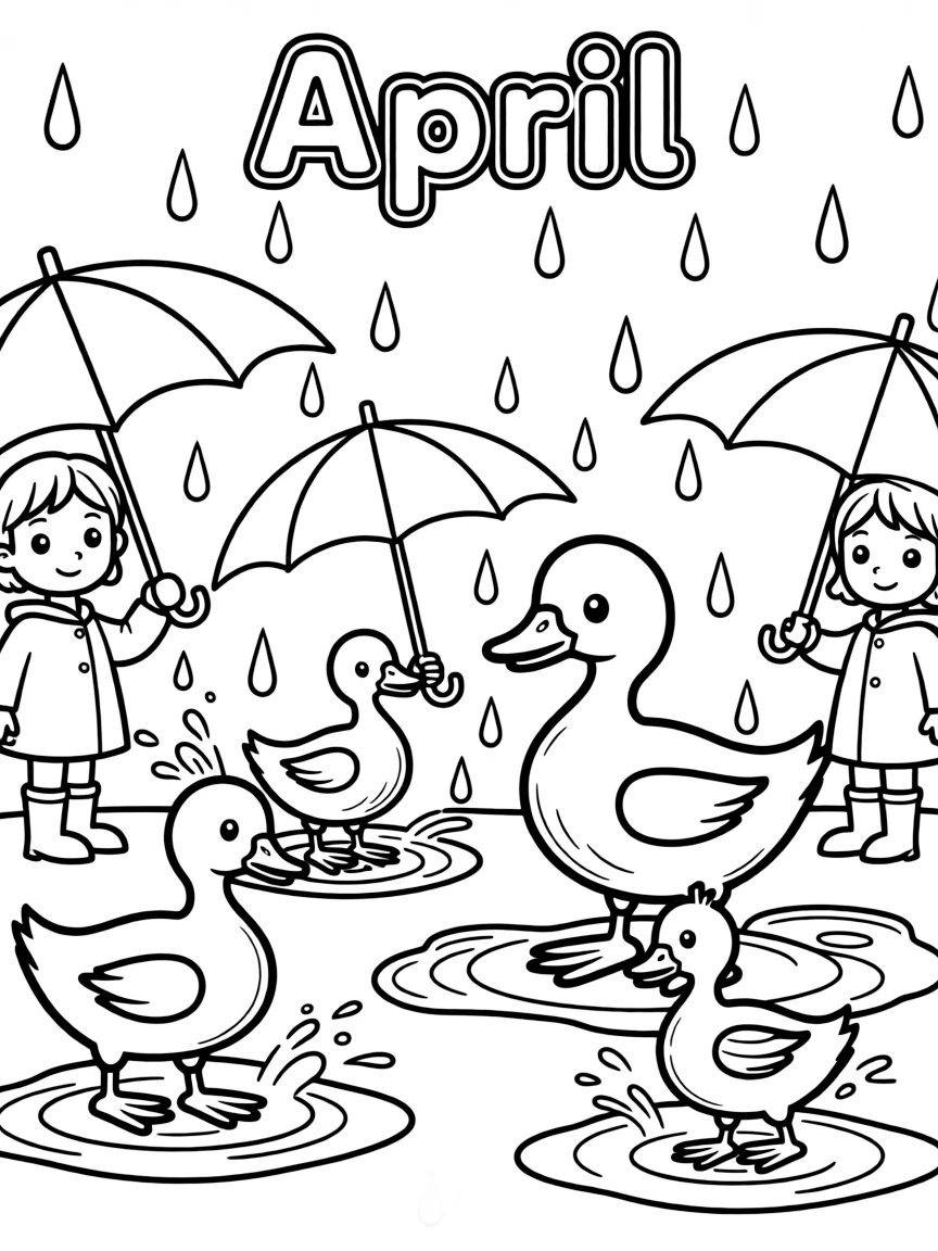 Playful coloring page with raindrops, umbrellas, puddles, and ducklings. Title "April" on the top.