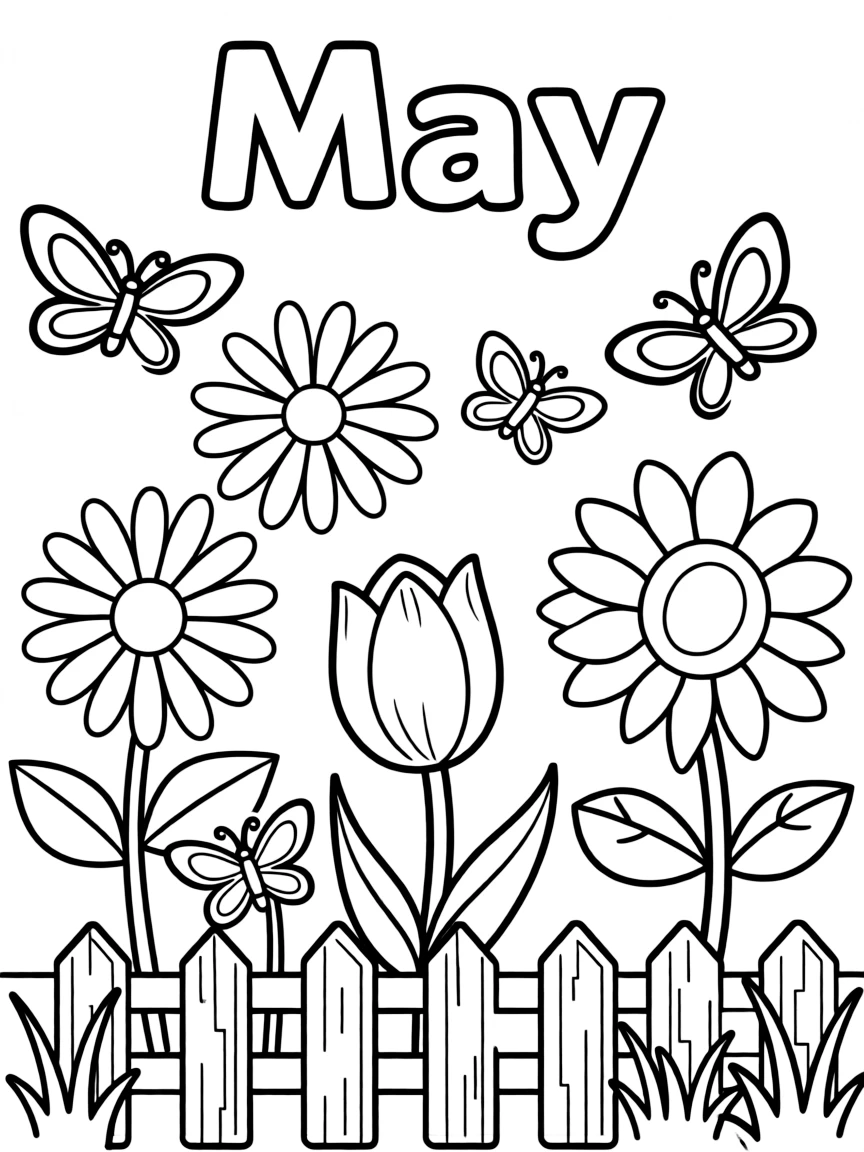Playful coloring page with blooming flowers, butterflies, and a garden scene. Title "May" on the top.