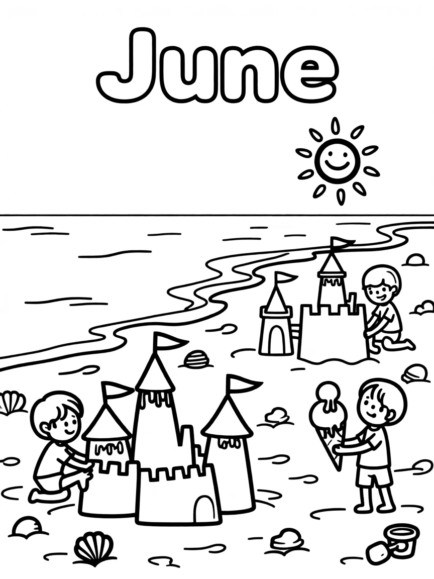 Playful coloring page with a sunny beach, sandcastles, and ice cream cones. Title "June" on the top.