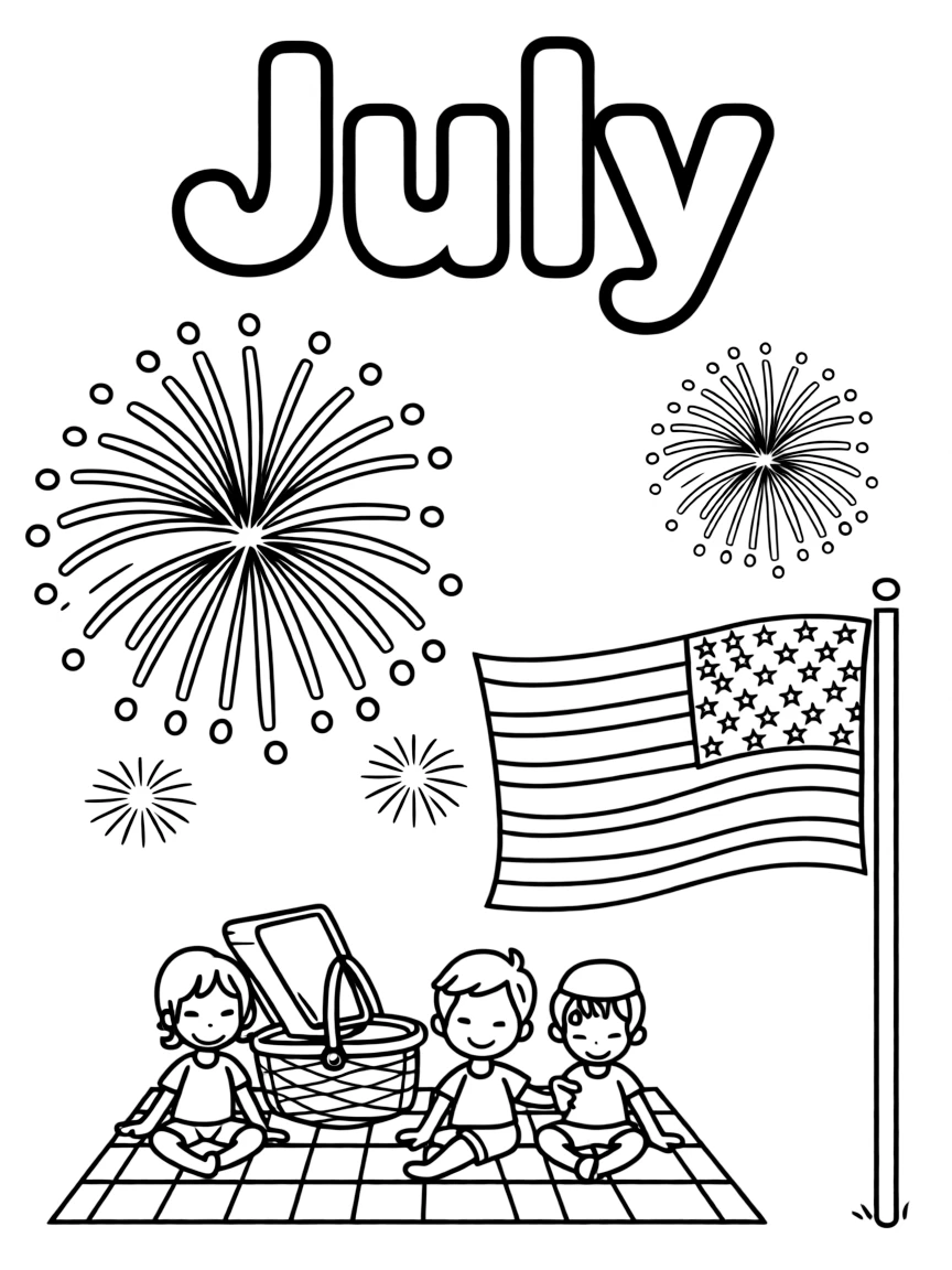 Playful coloring page with fireworks, an American flag, and a picnic basket. Title "July" on the top.
