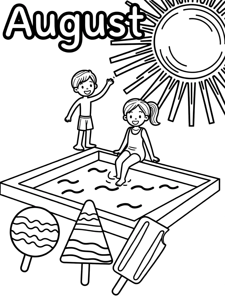 Playful coloring page with a bright sun, a swimming pool, and popsicles. Title "August" on the top.