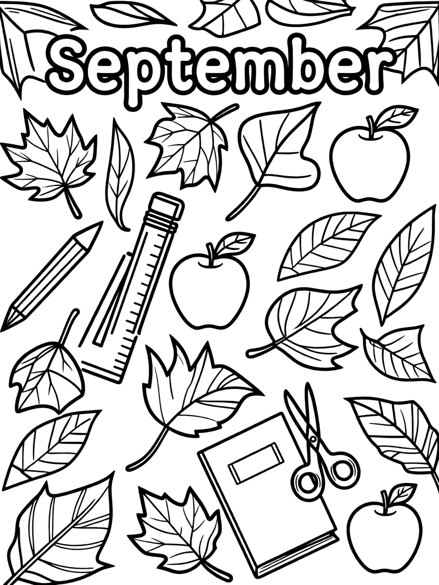 Playful coloring page with falling leaves, apples, and school supplies. Title "September" on the top.