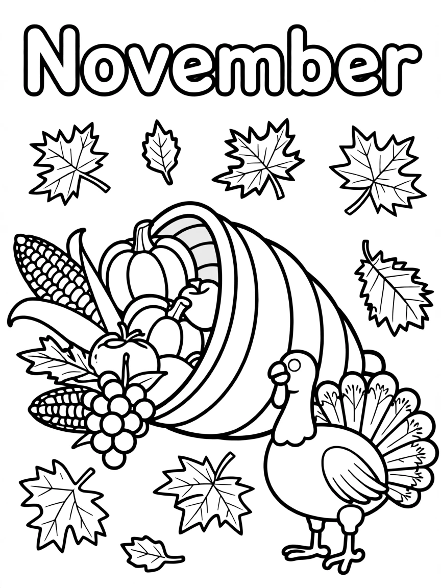 Playful coloring page with a cornucopia, autumn leaves, and a turkey. Title "November" on the top.