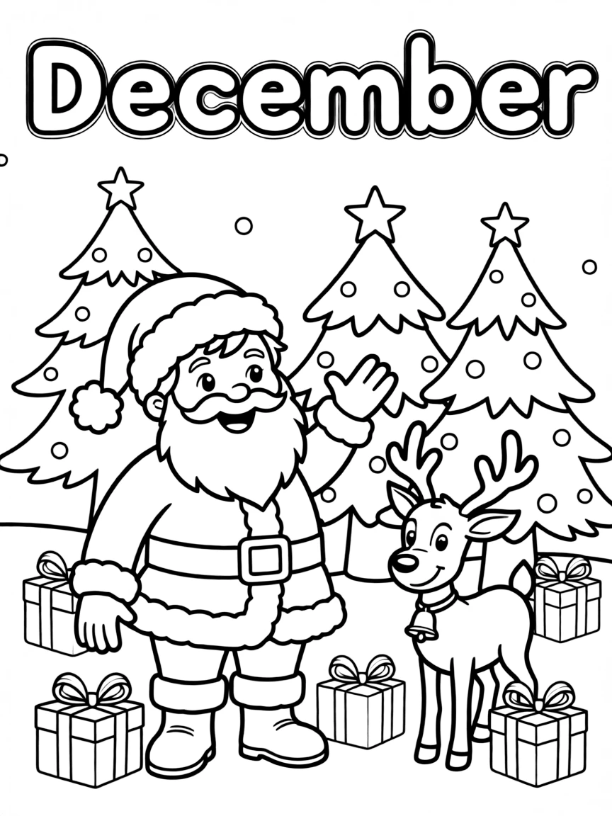 Playful coloring page with Santa Claus, reindeer, Christmas trees, and presents. Title "December" on the top.