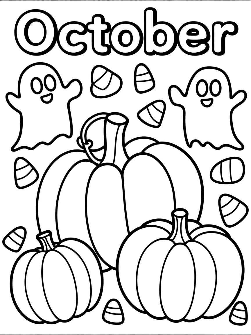 Playful coloring page with pumpkins, friendly ghosts, and candy corn. Title "October" on the top.