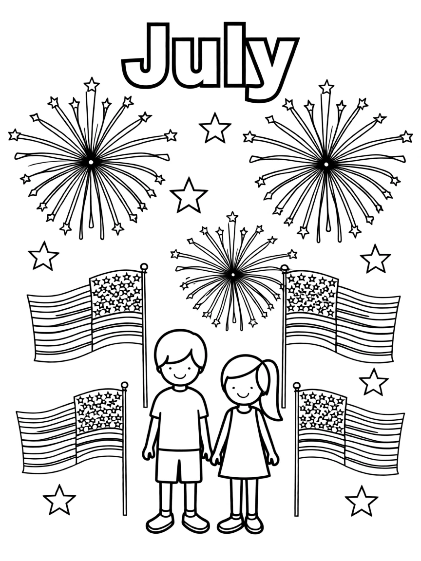 Patriotic coloring page with fireworks, flags, and stars. Title "July" on the top
