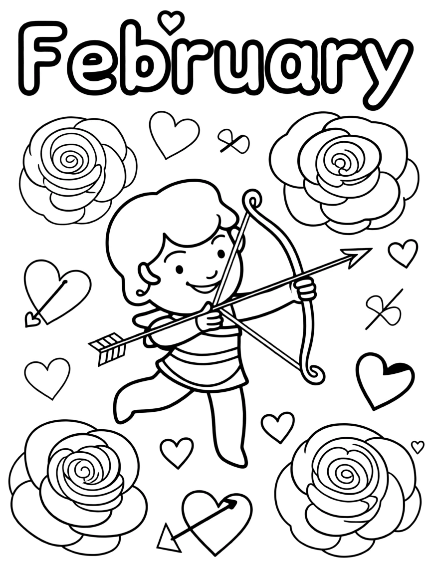 Sweet coloring page with hearts, roses, and cupid's arrows. Title "February" on the top