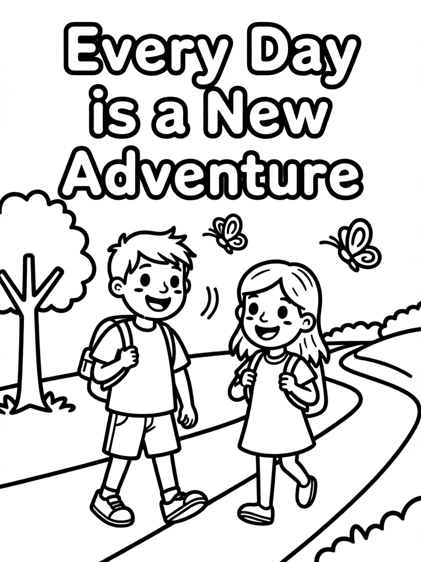 **Every Day is a New Adventure** exciting coloring page, include the text "Every Day is a New Adventure".