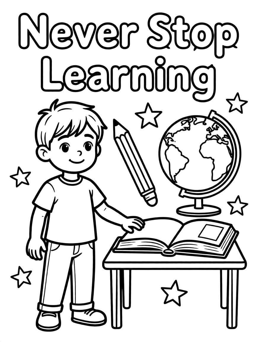 **Never Stop Learning** continuous growth coloring page, include the text "Never Stop Learning".