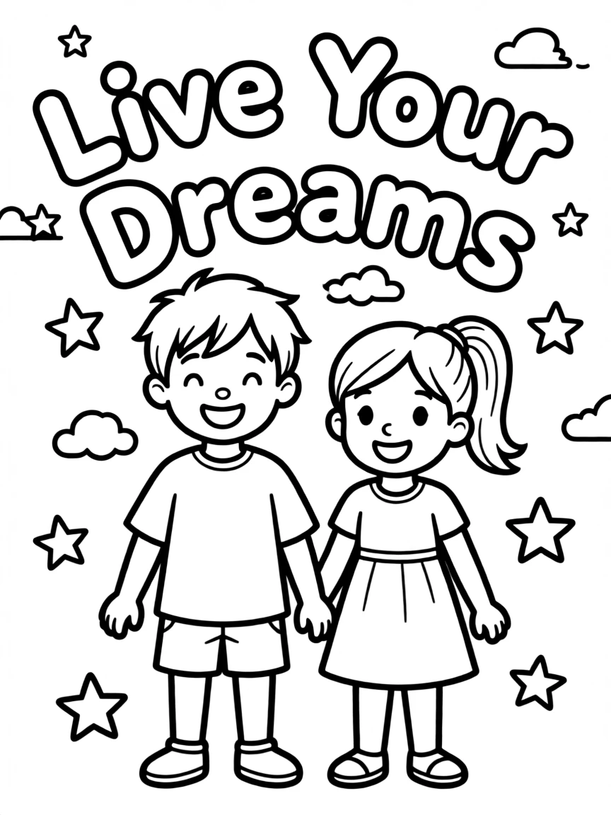 **Live Your Dreams** aspirational coloring page, include the text "Live Your Dreams".