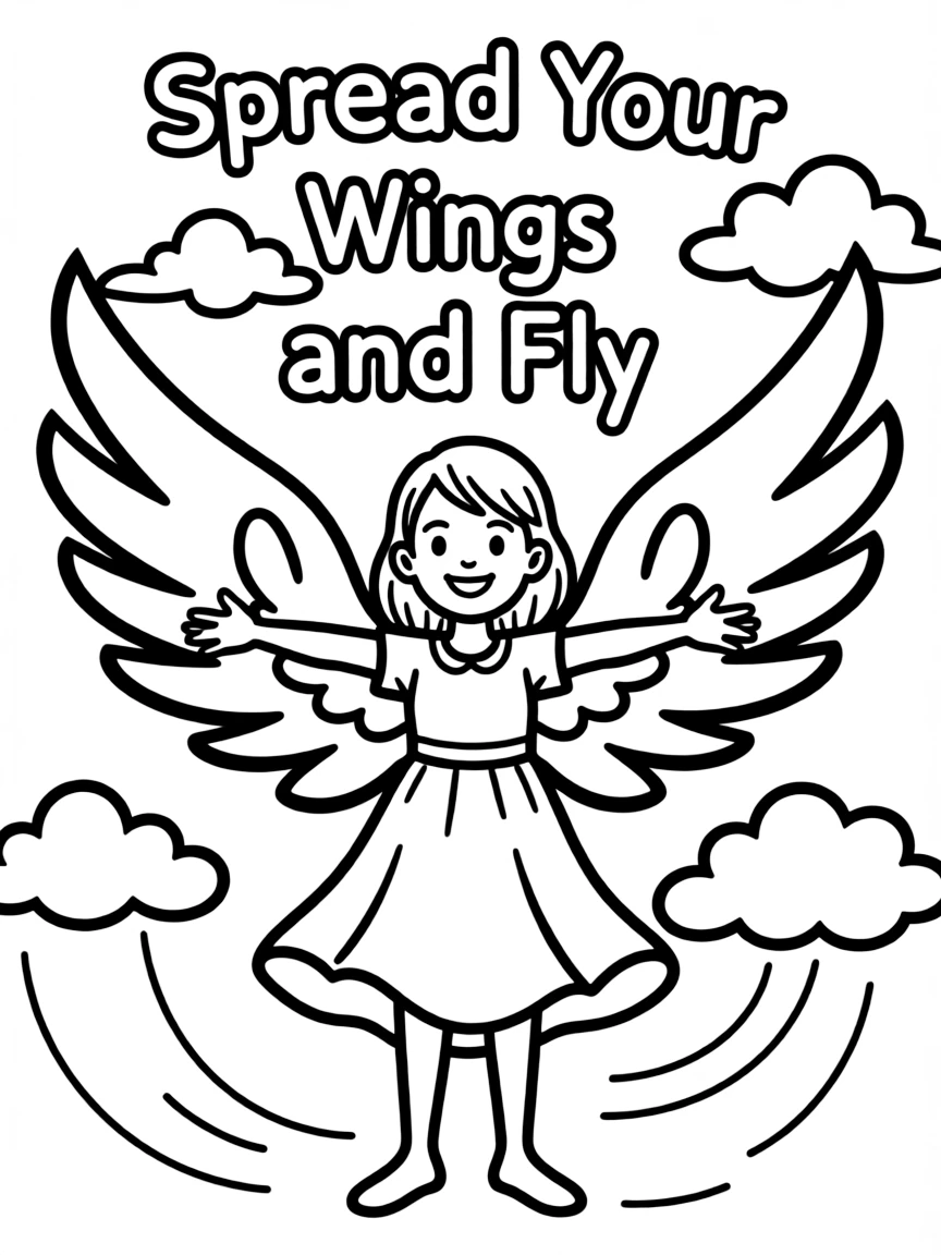 **Spread Your Wings and Fly** freedom coloring page, include the text "Spread Your Wings and Fly".