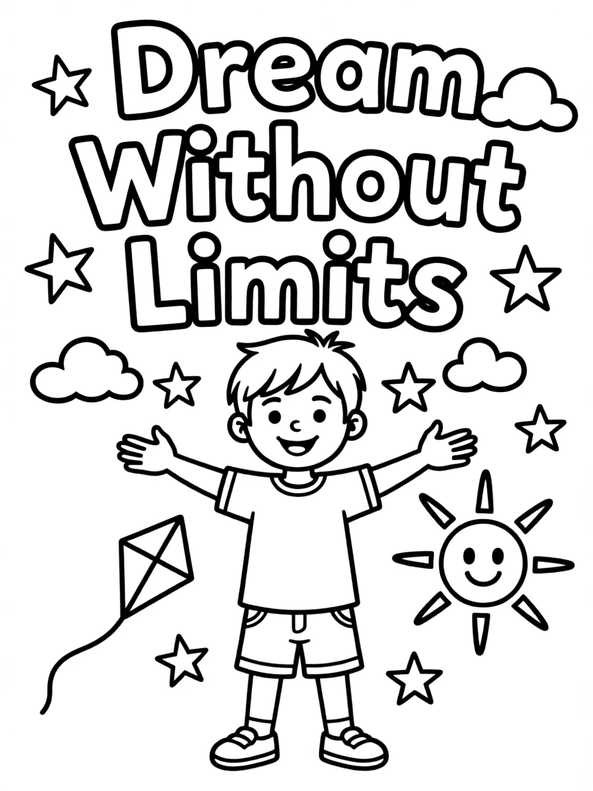 **Dream Without Limits** expansive dream coloring page, include the text "Dream Without Limits".