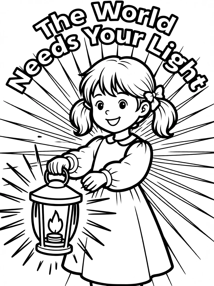 **The World Needs Your Light** illuminating purpose coloring page, include the text "The World Needs Your Light".