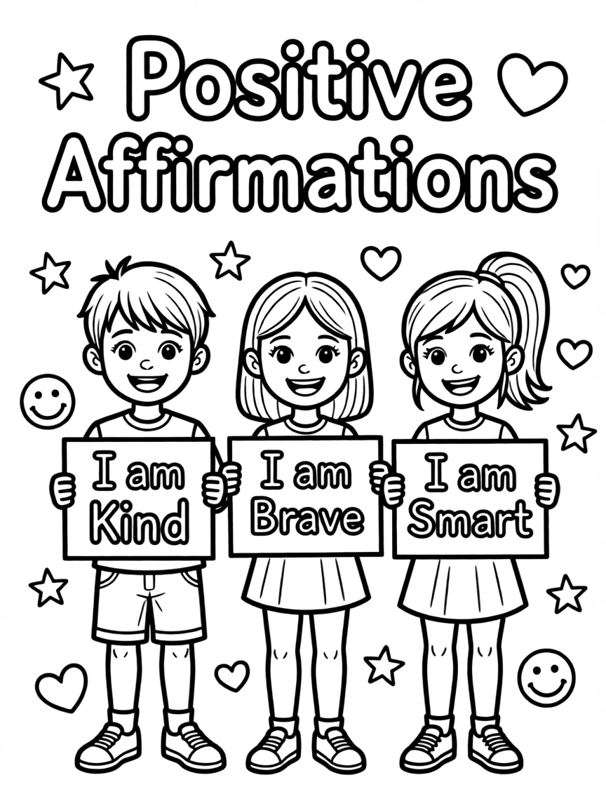 **Positive Affirmations** empowering coloring page, include the text "Positive Affirmations".