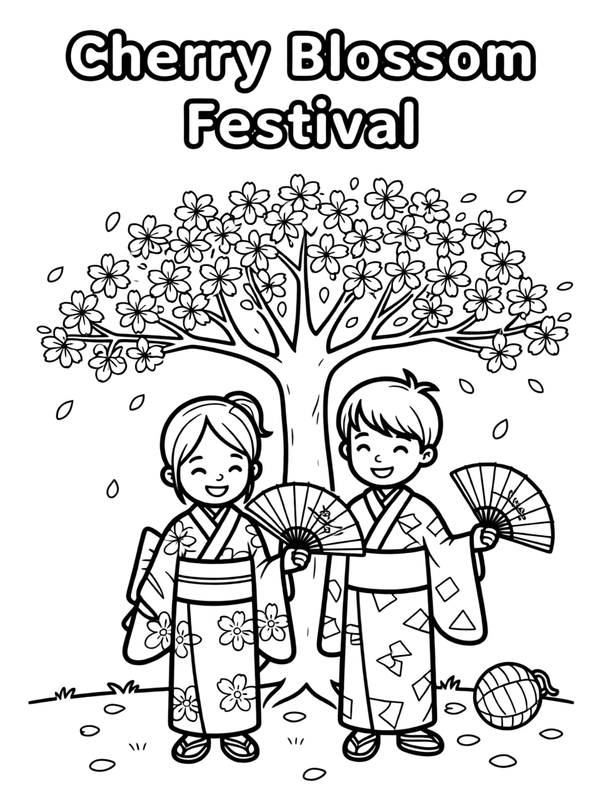 A simple coloring page of kids dressing up in kimonos at a cherry blossom festival in Japan. Text "Cherry Blossom Festival" on the top.