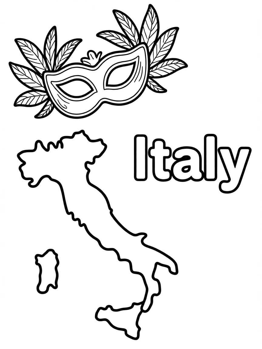 A small Venetian mask, a simple outline map of Italy, and the word "Italy"