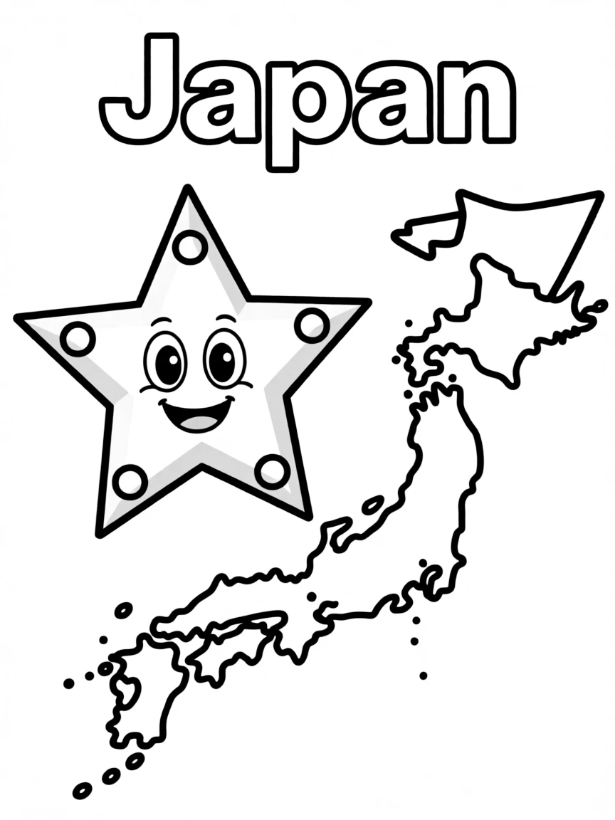 A cute ninja star, a simple outline map of Japan, and the word "Japan"