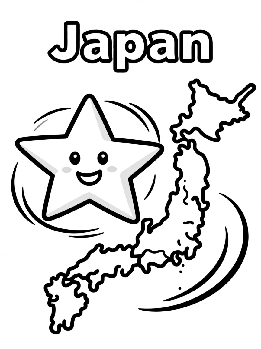 A cute ninja star, a simple outline map of Japan, and the word "Japan"