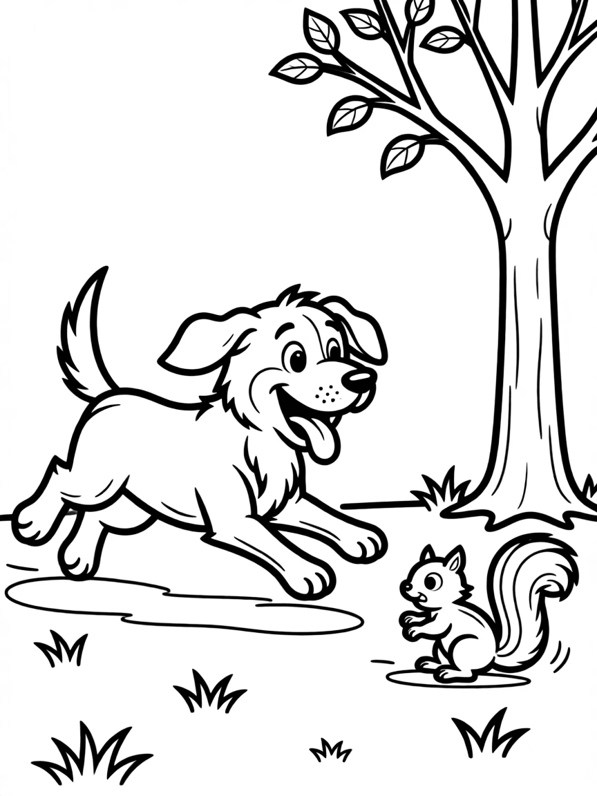 A dog is chasing a squirrel