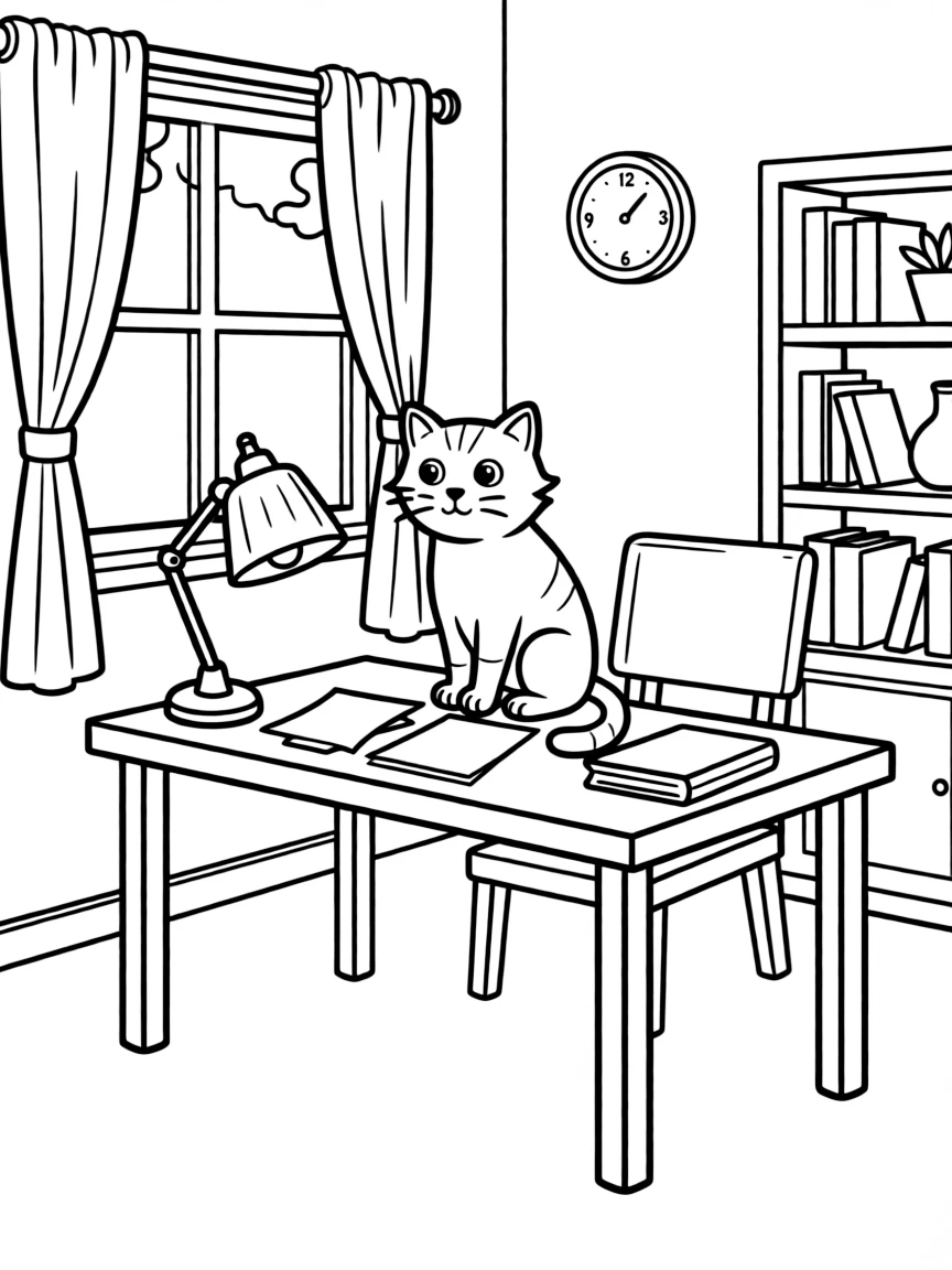 a cat on a desk in a study room