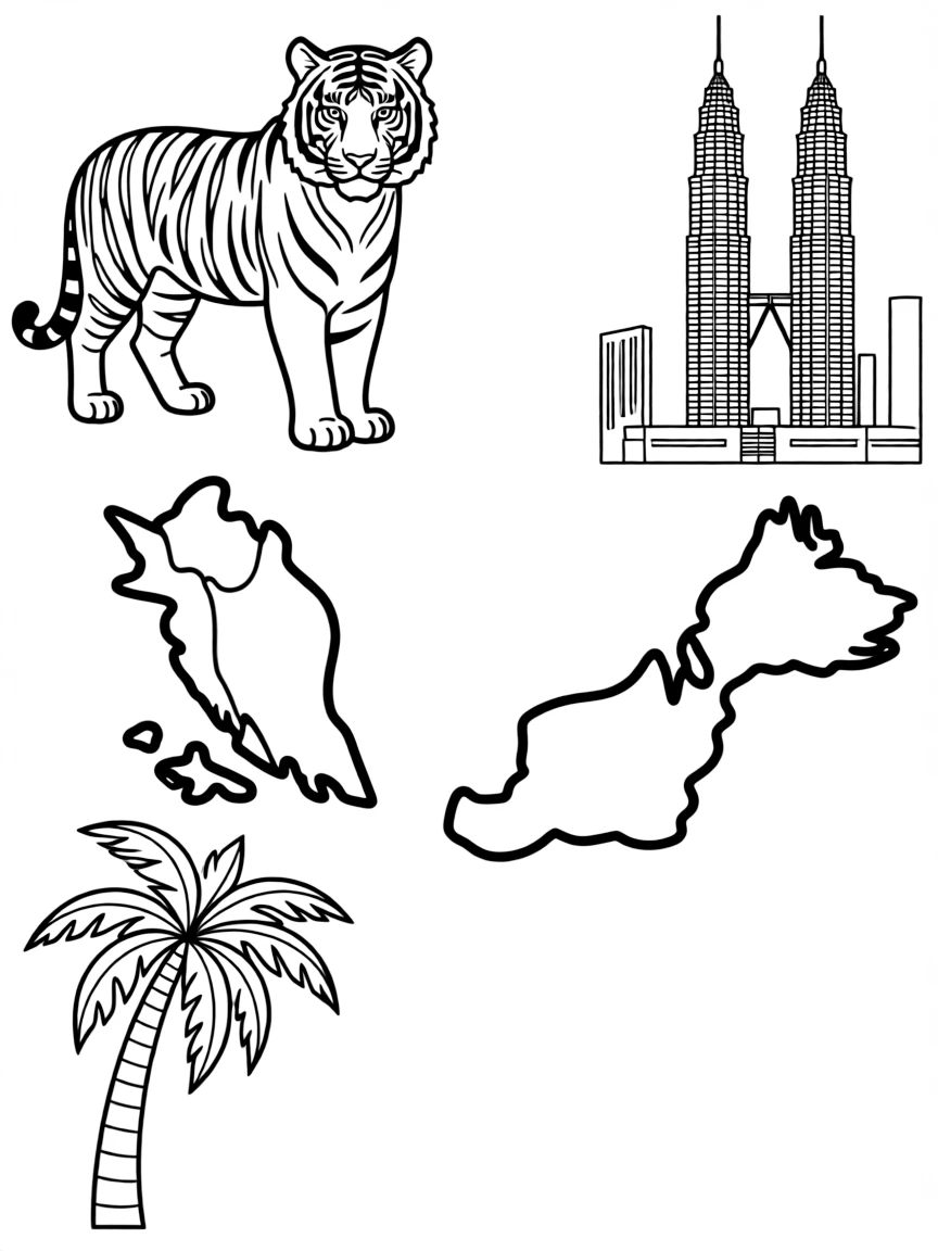 (Malaysia) A map of Malaysia with illustrations of a tiger, the Petronas Towers, and a palm tree around it