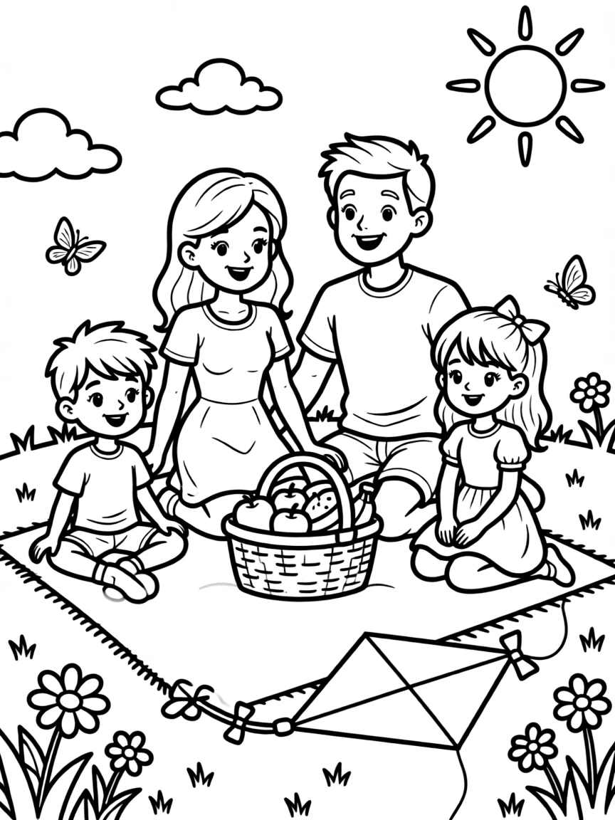 A happy family is having a picnic.