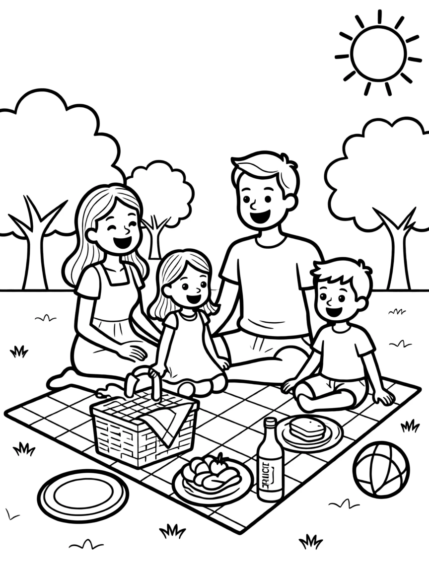 A happy family is having a picnic.