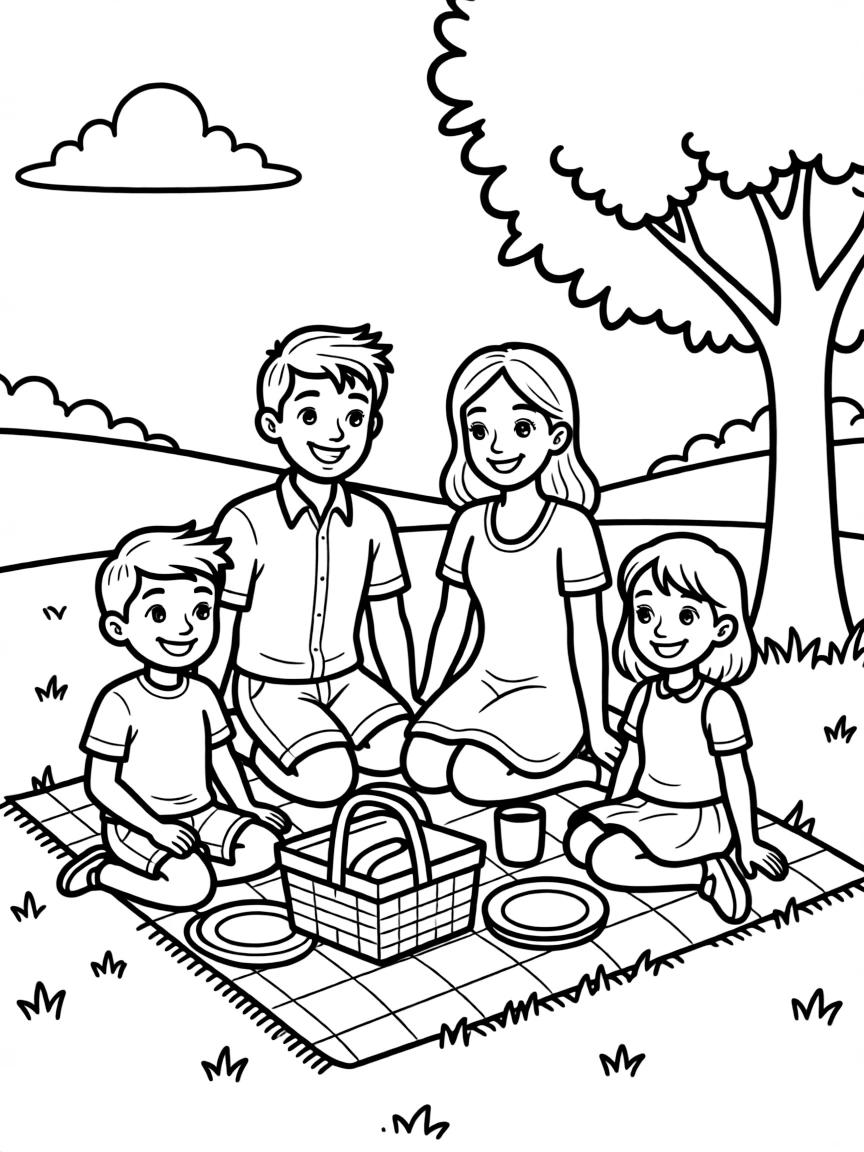 A happy family is having a picnic.