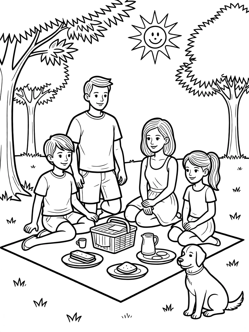 A happy family is having a picnic.